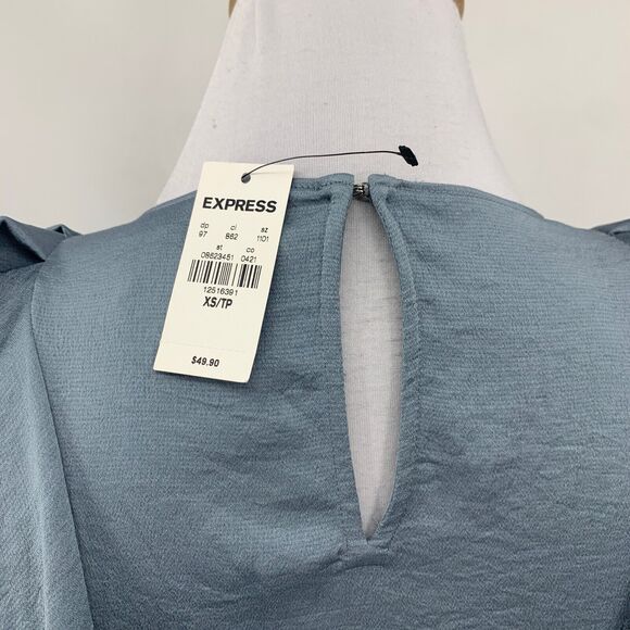 Express Top Women XS Extra Small Slate Satin Keyhole Back Flutter Sleeve Ruffle - Picture 6 of 12